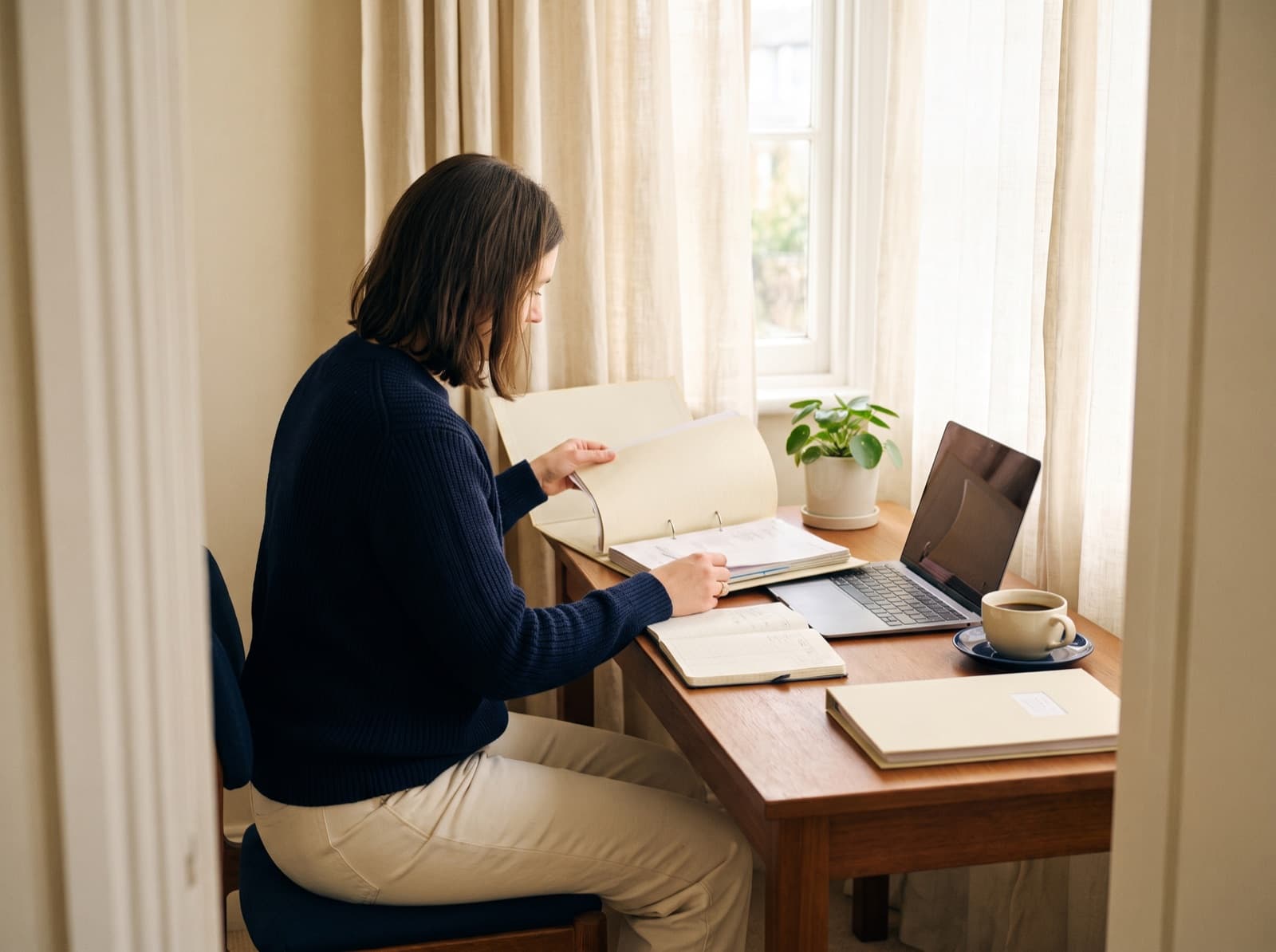 Bookkeeper working with ledgers and laptop in a small firm office