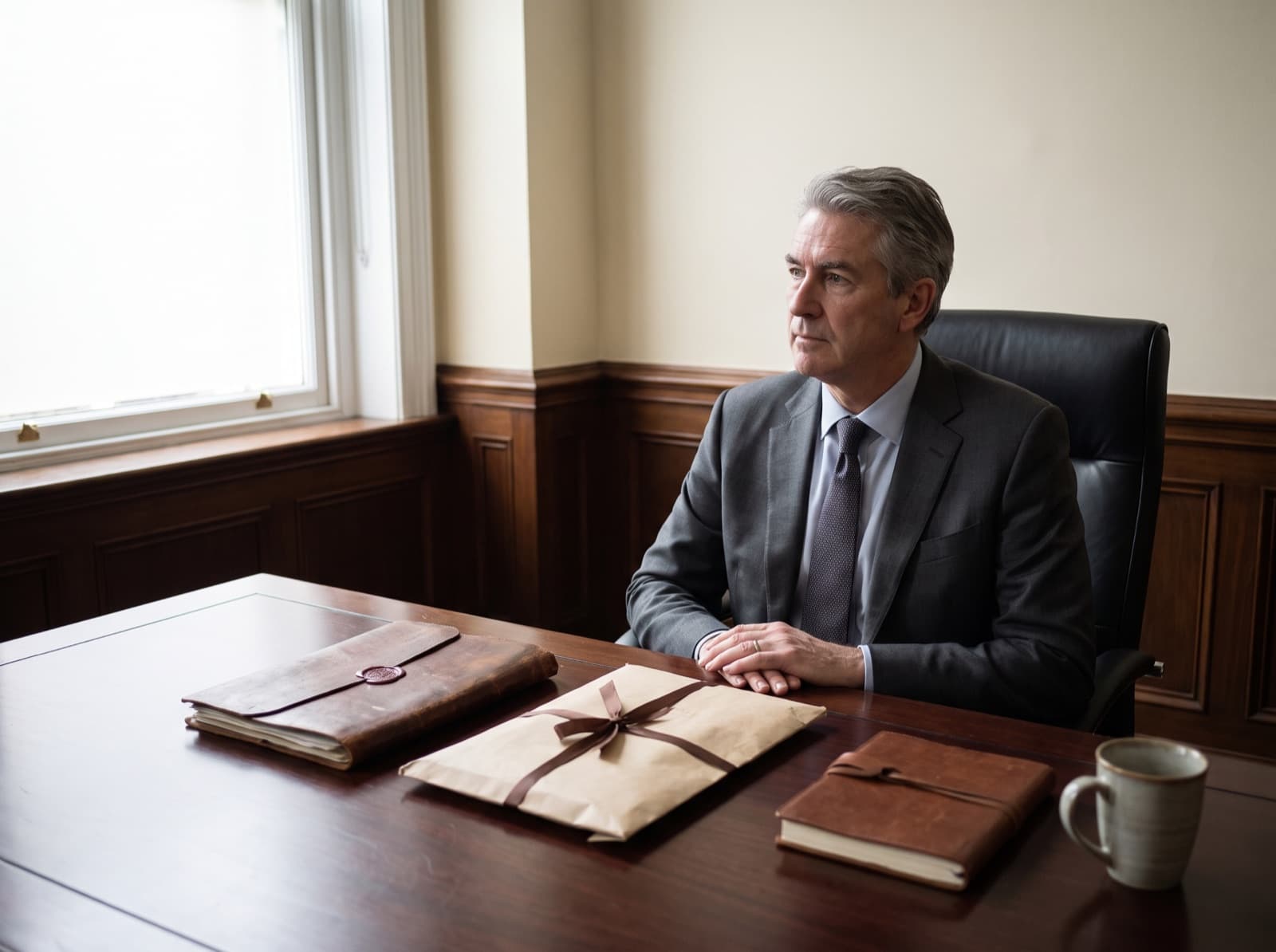 Advisor with estate folders and bond paperwork on a desk