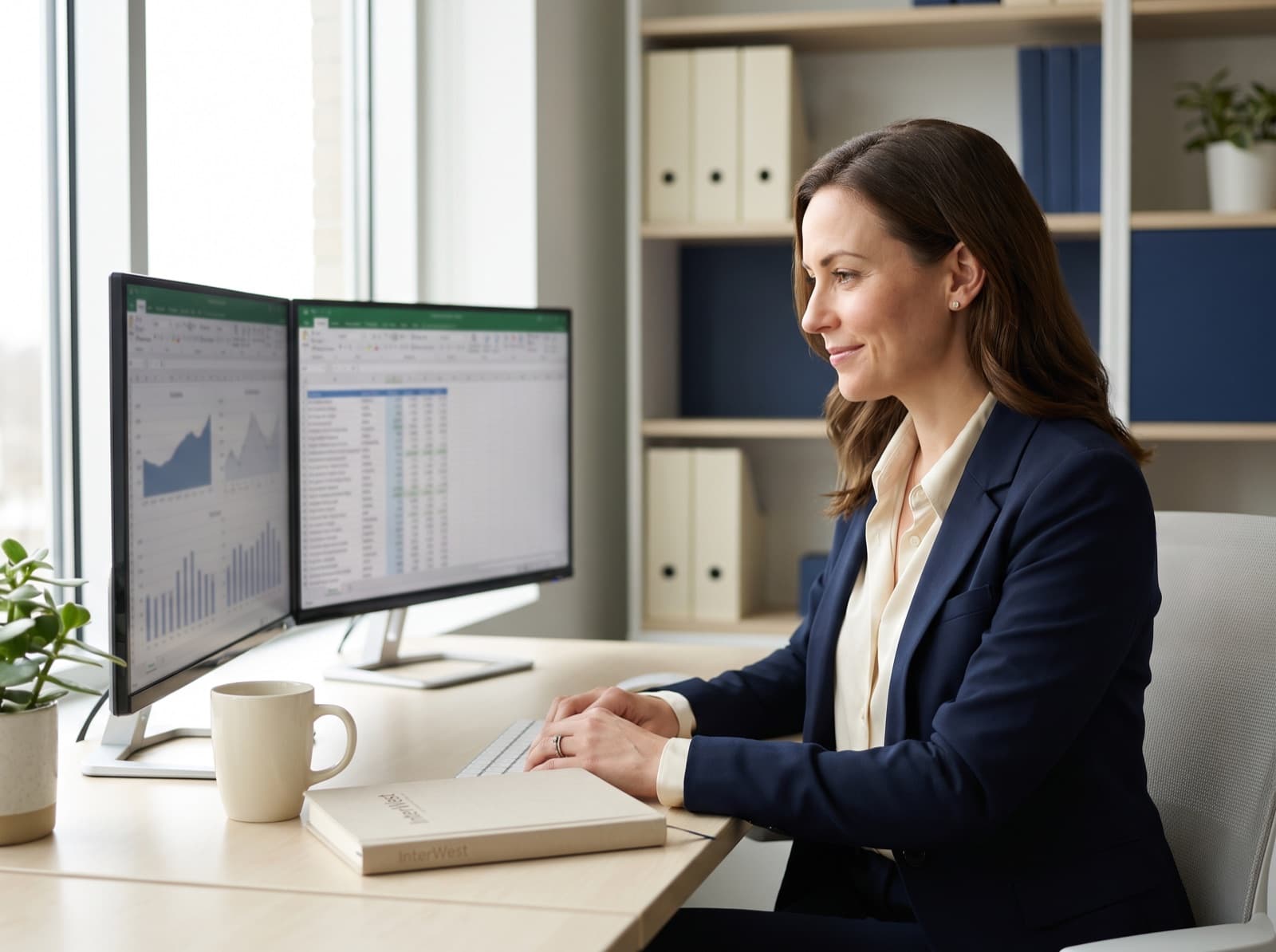 Tax professional reviewing returns at a modern desk
